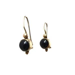 Vintage Cabochon Black Onyx Dangle Earrings Yellow Gold On Sterling Silver 925